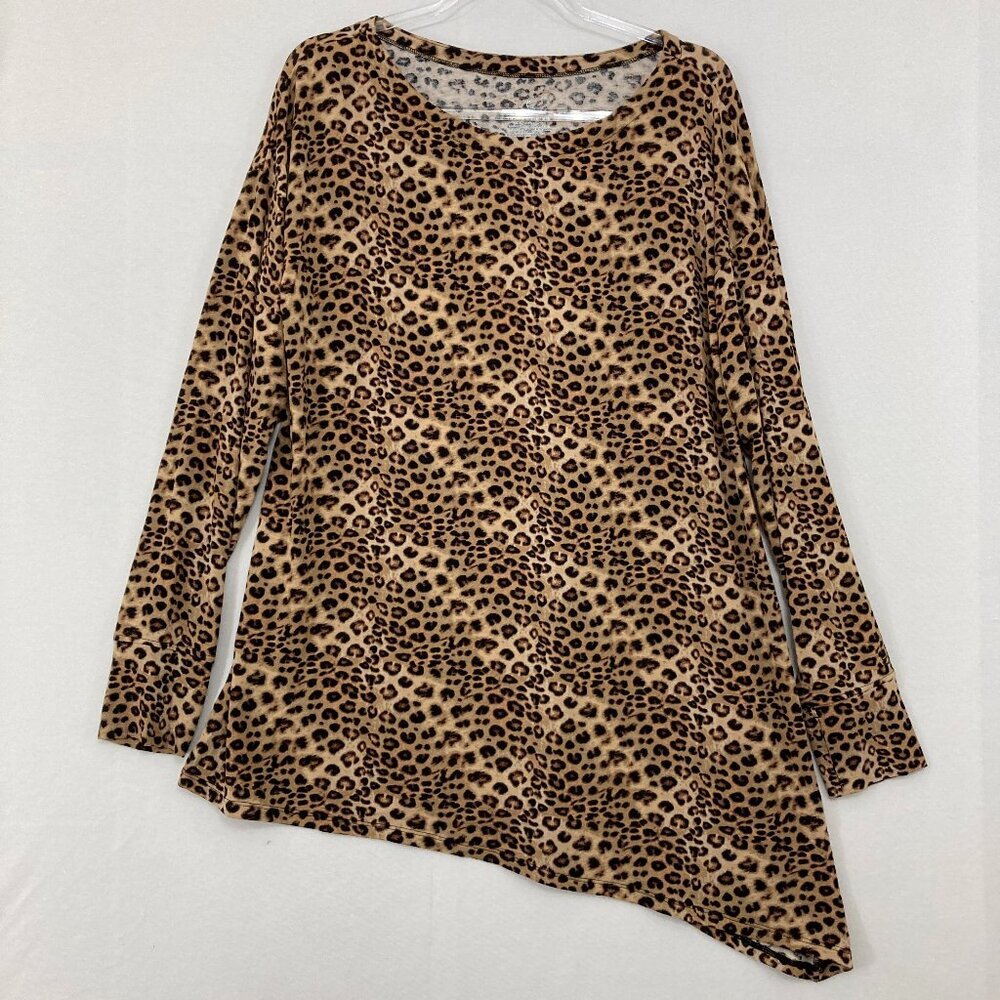 Cuddl Duds Large Black Brown Leopard Print Stretch Asymmetric Comfy Blouse